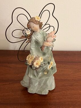 Handcrafted Green Fairy Figurine with Floral Basket - Home Accents